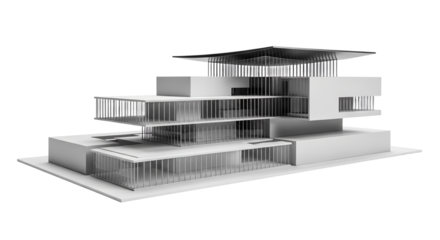 Striking architectural model exhibiting minimalist design and geometric composition, showcasing clean lines and structural clarity in a monochrome