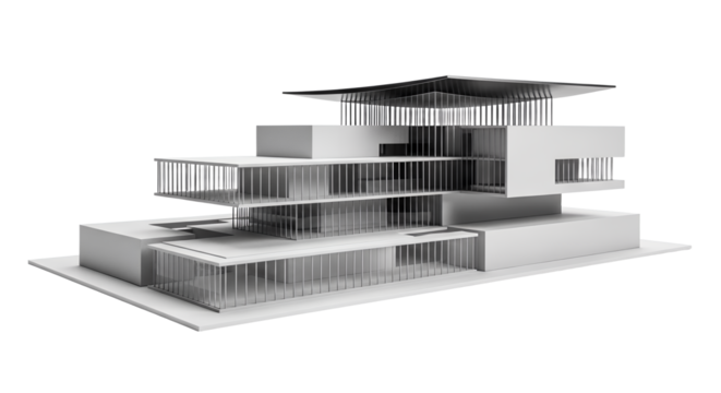 Striking architectural model exhibiting minimalist design and geometric composition, showcasing clean lines and structural clarity in a monochrome