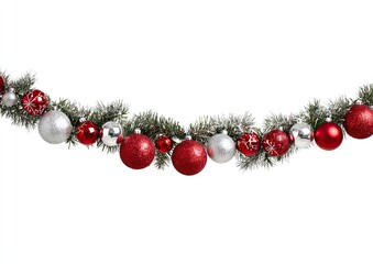 Christmas garland with red and silver ornaments.  A festive, curved garland of evergreen sprigs, with alternating red and silver Christmas balls,  is shown against a white background