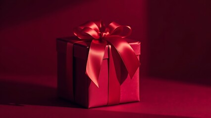 Obraz premium Elegant crimson gift box with satin ribbon, radiating a festive and luxurious atmosphere in minimalist style.