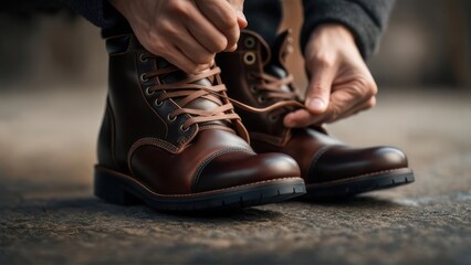 Grounded Preparation: Man Tying Laces on Polished Brown Leather Cap-Toe Boots