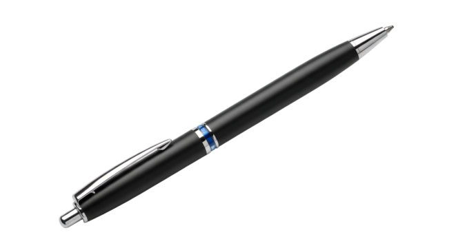 Elegant black ballpoint pen with silver accents on a clean white background, capturing precision and sophistication, perfect for professional contexts