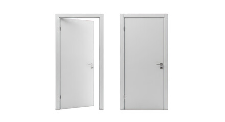Two white doors, one slightly open, one closed, against a black background