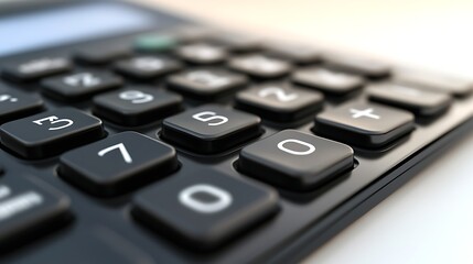 Closeup of Shiny Calculator Keys with Mathematical Symbols on White Surface