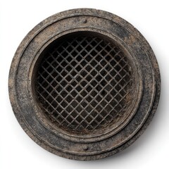 Top-down view of a circular, rusted metal grate
