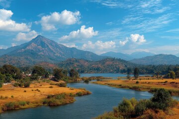 Mountainous landscape with a river and lake