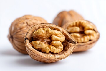Closeup of Walnuts in Shell and Halved, on White Background, High Detail
