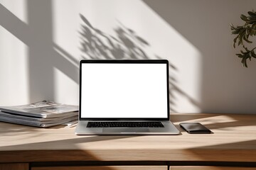 Fototapeta premium Laptop with Blank White Screen on Wooden Desk with Sunlight and Plant Decor