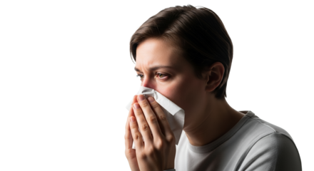 Isolated portrait of a young woman blowing her nose into a tissue, depicting cold, flu, or seasonal allergy symptoms,set on a clean white background
