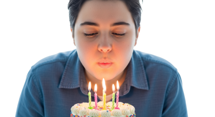 Young adult celebrates with a birthday cake blowing out candles, symbolizing hope and the excitement of making a wish for the future ahead focus is