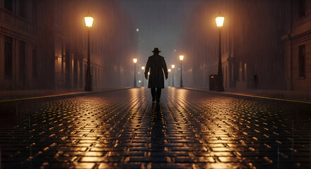 Silhouette of Man Walking in Rainy City Street at Night