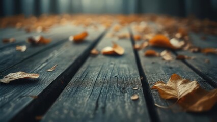 Autumn's Embrace: Fallen Leaves on Weathered Wooden Planks, Soft Bokeh Background