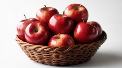 Fresh Red Apples in Woven Basket, Studio Shot, White Background, Still Life.