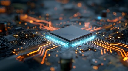 Futuristic glowing microchip on circuit board with neon lines, concept of advanced technology, digital innovation, data processing, and high-performance computing