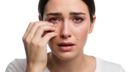 Distressed woman wiping away tears, showcasing profound sadness and emotional turmoil in a studio setting with a stark white backdrop