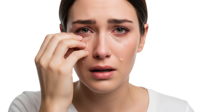 Distressed woman wiping away tears, showcasing profound sadness and emotional turmoil in a studio setting with a stark white backdrop