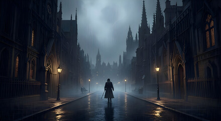 Man Walking Down Dark Gothic City Street in Rain