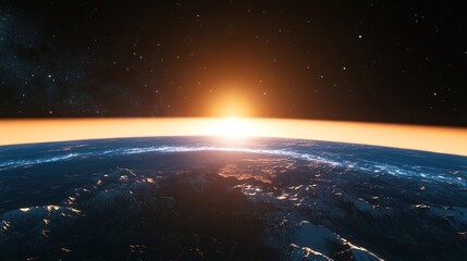 Fototapeta premium Earth with Sunrise and Starry Sky Universe Space Sci - fi Scene MaterialEarth with Sunrise and Starry Sky Universe Space Sci - fi Scene Material
