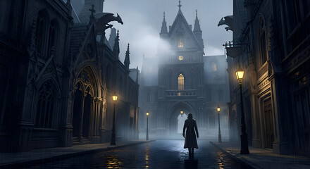 Mysterious Figure Walking in Gothic City Street During Rain