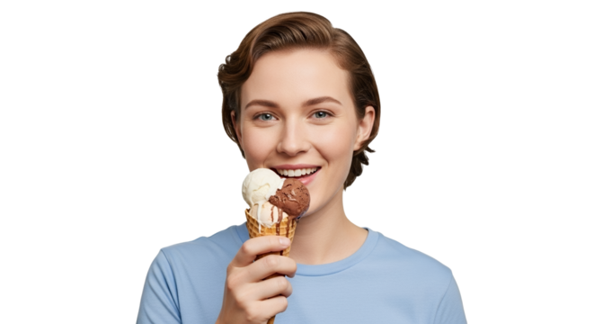 Delighted woman relishing a decadent double scoop ice cream cone on a bright white backdrop, summer indulgence and pure joy portrayed