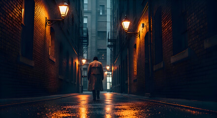 Man Walking Down a Rain-Slicked Alleyway at Night