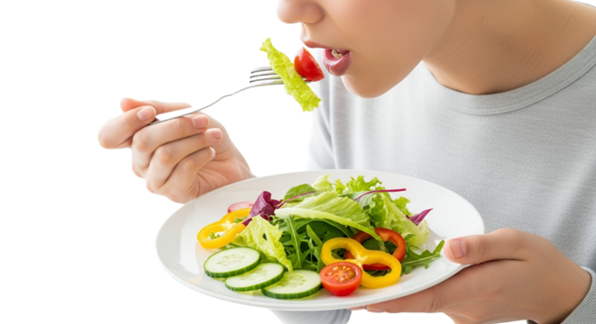 Person enjoying a fresh and colorful salad on a bright white background emphasizing healthy eating habits and wellness choices