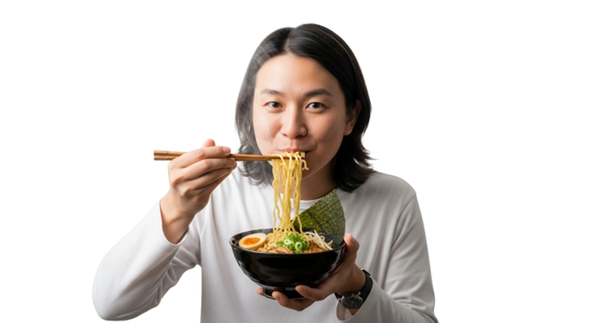 Person savoring steamy ramen with chopsticks on a bright, minimalist backdrop, focused enjoyment of authentic asian cuisine, capturing the essence