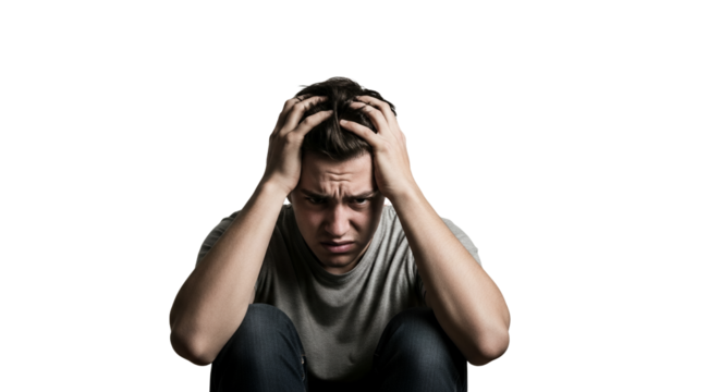 Isolated portrait of a young man clutching his head in despair against a stark white backdrop conveying intense frustration and emotional turmoil - Powered by Adobe
