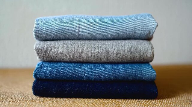 Folded denim and knit fabric stack blue and gray tones textured woven textile surface, evoking cozy casual style with calm upcycled fashion charm