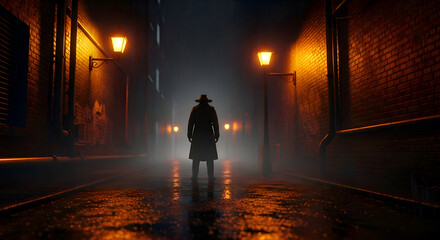 Man in Trench Coat Walking in Dark Alley at Night