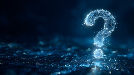 Futuristic glowing digital question mark made of network connections on dark background, abstract concept of curiosity, artificial intelligence, and problem solving
