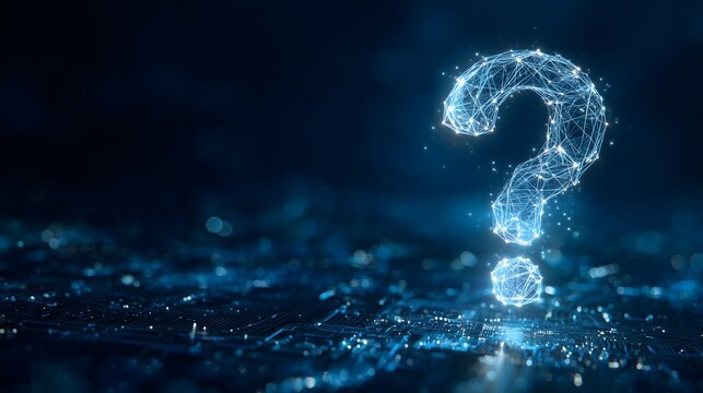 Futuristic glowing digital question mark made of network connections on dark background, abstract concept of curiosity, artificial intelligence, and problem solving - Powered by Adobe