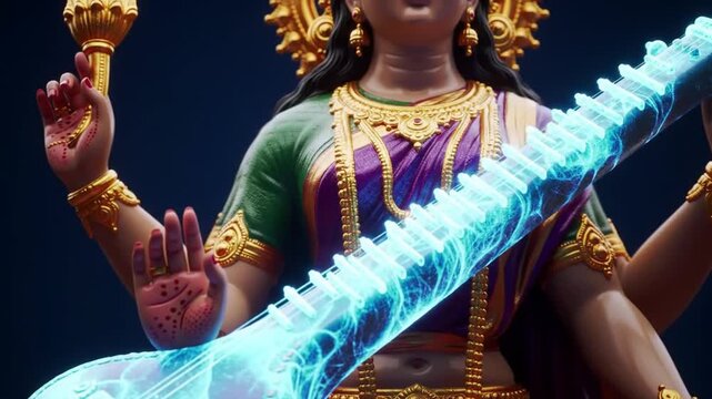 Hindu Goddess Saraswati Playing a Glowing Blue Veena.