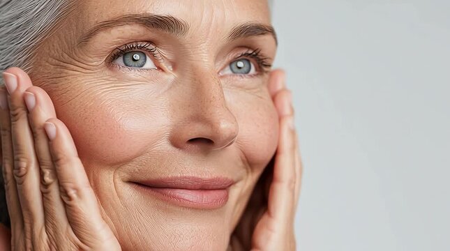 Elegant senior woman with radiant smile, showcasing natural beauty and grace, gently touching her face against a soft gray background. horizontal video