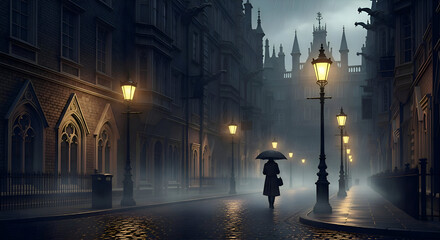 Woman Walks Alone on Rainy London Street at Night