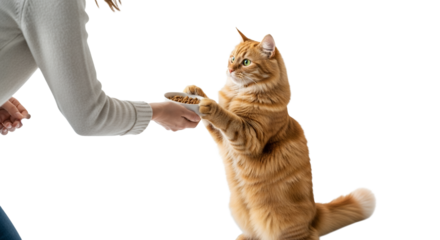 Ginger cat eagerly reaches for a bowl of kibble offered by a person on a clean backdrop showcasing domestic animal care and interaction between