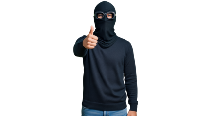 Faceless person in balaclava and goggles gesturing thumbs up for agreement on a white isolated background posing mysteriously in a studio setting