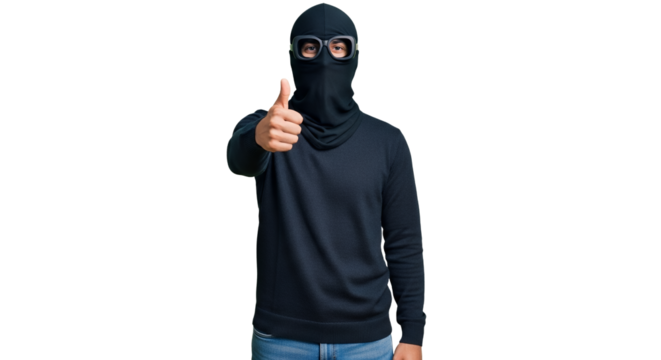 Faceless person in balaclava and goggles gesturing thumbs up for agreement on a white isolated background posing mysteriously in a studio setting