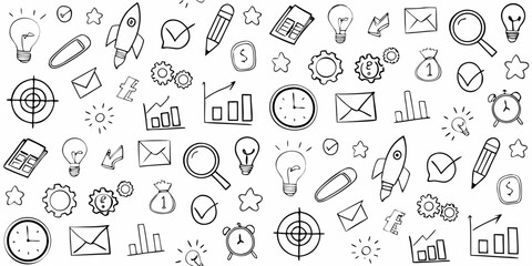 Collection of hand drawn business and finance icons including lightbulbs rockets clocks and graphs