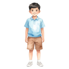 Watercolor Style Boy with Polo Shirt and Shorts Illustration.