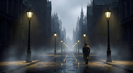 Man Walking Down Victorian Street in the Rain