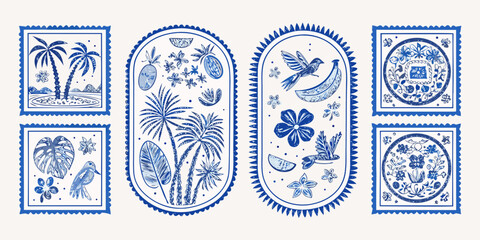 Charming blue and white tropical stamp designs featuring palm trees birds and exotic flowers © Sunil123