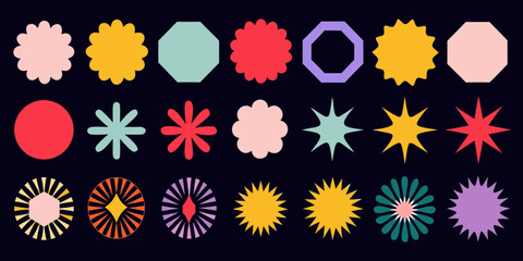 Collection of abstract geometric shapes and retro starbursts in pastel and vibrant colors on a dark background