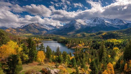 Autumnal Mountain Lake, Colorado Landscape Scenic view of a pristine lake nestled amidst vibrant fall foliage and snow-capped peaks, ideal for travel brochures