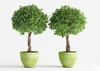 Two potted, round-topped trees with twisted trunks against a white background