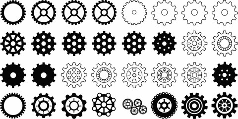 Collection of various black and white gear and cogwheel icons representing mechanics and industry