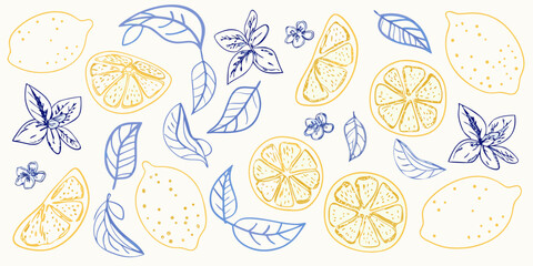 Hand drawn lemon slices and whole lemons with blue leaves and flowers pattern