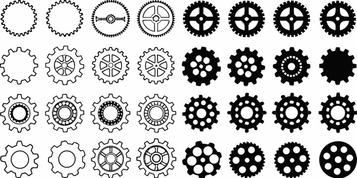 Collection of various black and white gear icons and illustrations representing mechanical parts and engineering concepts