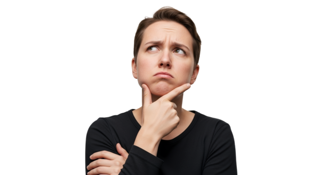 Contemplative woman with short hair pondering a solution against a white background showcasing thoughtful expression and introspection for design