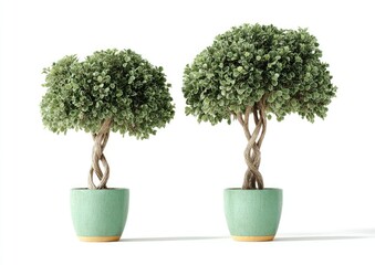 Two potted bonsai trees, light teal pots, different sizes